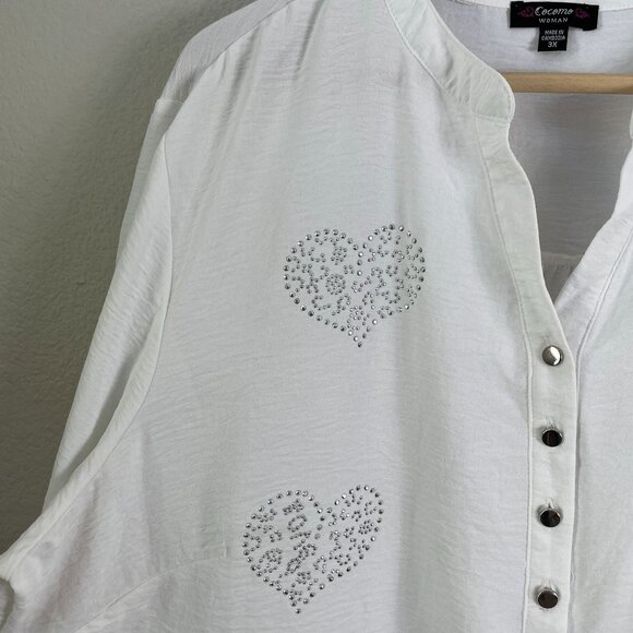 Cocomo Woman Plus 3X White Heart Print Tunic Top Blouse Roll Tab Sleeve Shirt - Picture 9 of 12